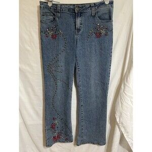 Andre Bini Denim Rhinestone Embellished Floral Embroidery Boho Bootcut Studded X